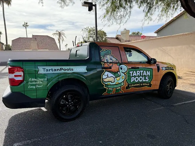 Tartan Pools service van, fully equipped for tile cleaning and calcium removal in Queen Creek, AZ